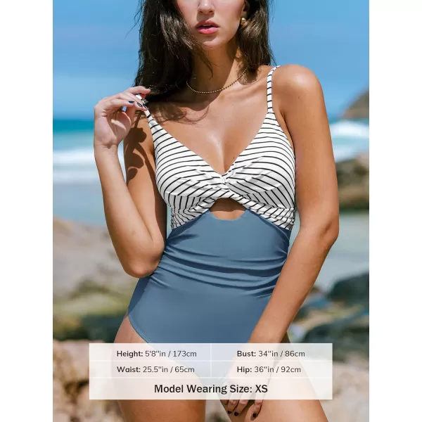 imageCUPSHE One Piece Swimsuit for Women Bathing Suits Twist Front Cutout Adjustable Straps Ruched SwimwearMisty BlueStriped