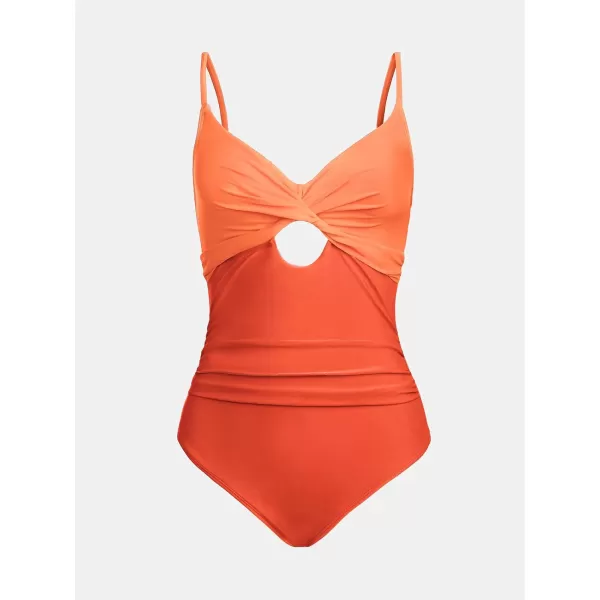 imageCUPSHE One Piece Swimsuit for Women Bathing Suits Twist Front Cutout Adjustable Straps Ruched SwimwearOrange Color Block