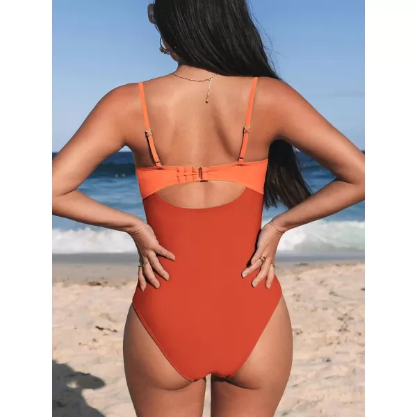 imageCUPSHE One Piece Swimsuit for Women Bathing Suits Twist Front Cutout Adjustable Straps Ruched SwimwearOrange Color Block