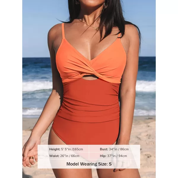 imageCUPSHE One Piece Swimsuit for Women Bathing Suits Twist Front Cutout Adjustable Straps Ruched SwimwearOrange Color Block