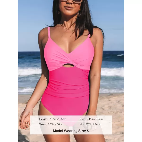 imageCUPSHE One Piece Swimsuit for Women Bathing Suits Twist Front Cutout Adjustable Straps Ruched SwimwearPink Color Block