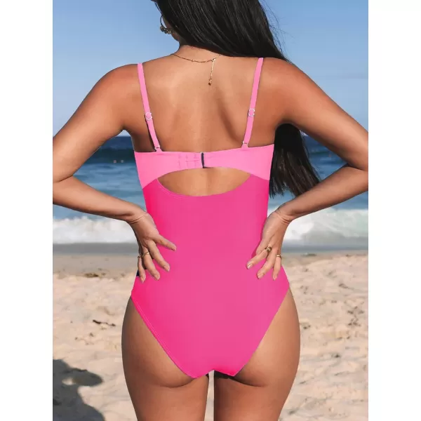 imageCUPSHE One Piece Swimsuit for Women Bathing Suits Twist Front Cutout Adjustable Straps Ruched SwimwearPink Color Block