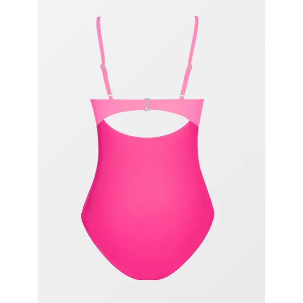 imageCUPSHE One Piece Swimsuit for Women Bathing Suits Twist Front Cutout Adjustable Straps Ruched SwimwearPink Color Block