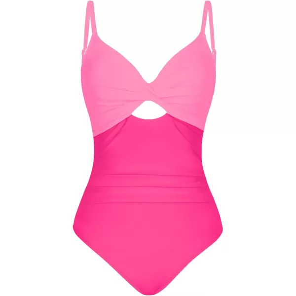 imageCUPSHE One Piece Swimsuit for Women Bathing Suits Twist Front Cutout Adjustable Straps Ruched SwimwearPink Color Block