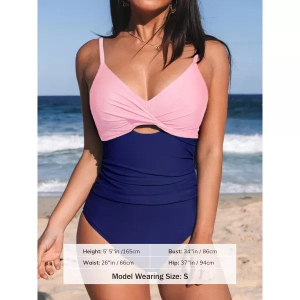 imageCUPSHE One Piece Swimsuit for Women Bathing Suits Twist Front Cutout Adjustable Straps Ruched SwimwearPink Purple