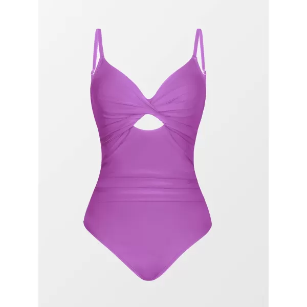 imageCUPSHE One Piece Swimsuit for Women Bathing Suits Twist Front Cutout Adjustable Straps Ruched SwimwearPurple
