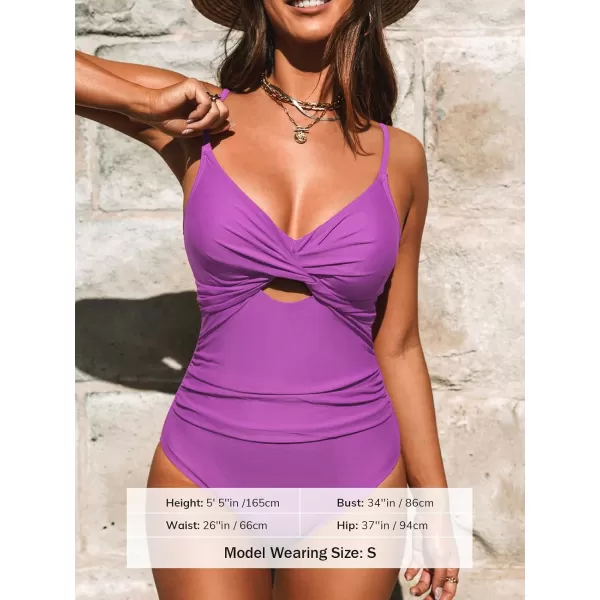 imageCUPSHE One Piece Swimsuit for Women Bathing Suits Twist Front Cutout Adjustable Straps Ruched SwimwearPurple