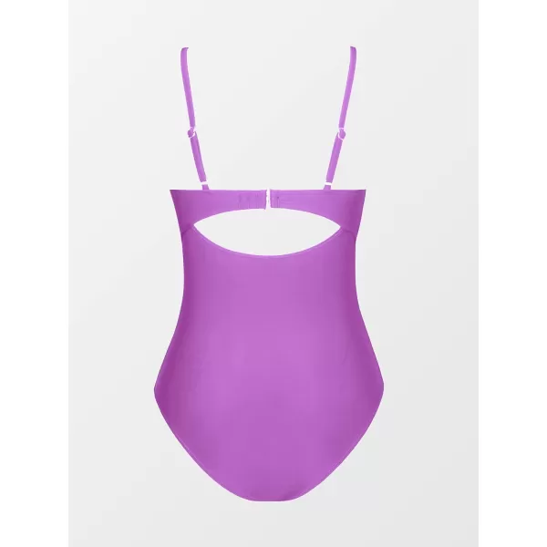 imageCUPSHE One Piece Swimsuit for Women Bathing Suits Twist Front Cutout Adjustable Straps Ruched SwimwearPurple