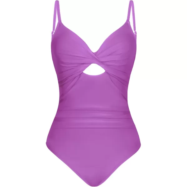 imageCUPSHE One Piece Swimsuit for Women Bathing Suits Twist Front Cutout Adjustable Straps Ruched SwimwearPurple