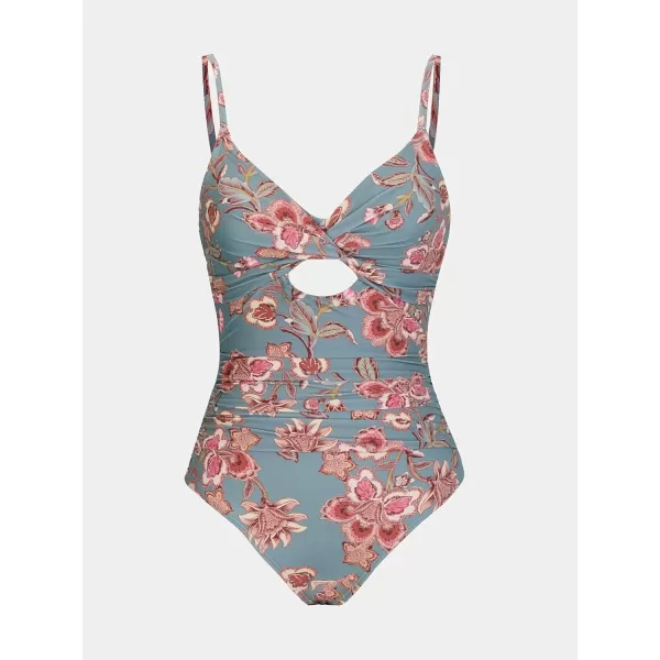 imageCUPSHE One Piece Swimsuit for Women Bathing Suits Twist Front Cutout Adjustable Straps Ruched SwimwearRetro Floral