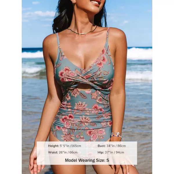 imageCUPSHE One Piece Swimsuit for Women Bathing Suits Twist Front Cutout Adjustable Straps Ruched SwimwearRetro Floral