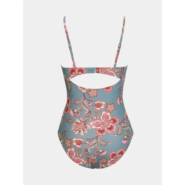 imageCUPSHE One Piece Swimsuit for Women Bathing Suits Twist Front Cutout Adjustable Straps Ruched SwimwearRetro Floral