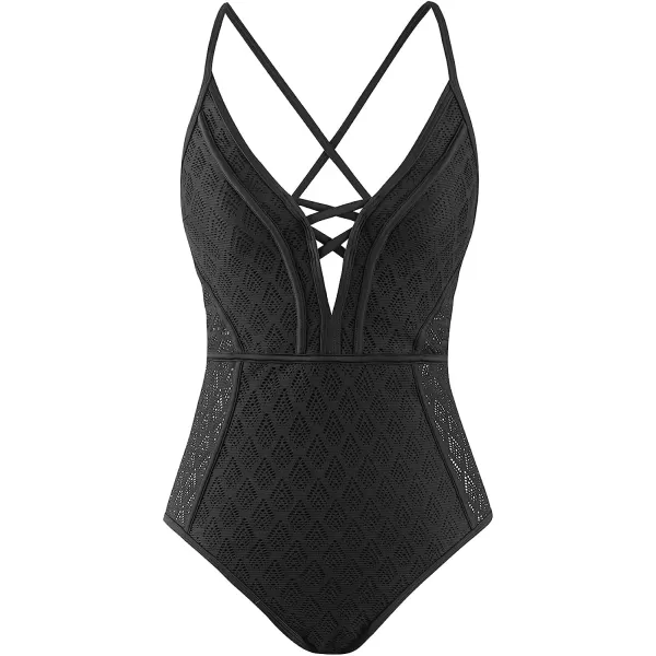 imageCUPSHE One Piece Swimsuit for Women Bathing Suits V Neck Lace Cutout Swimwear Crisscross Back SelfTieBlack