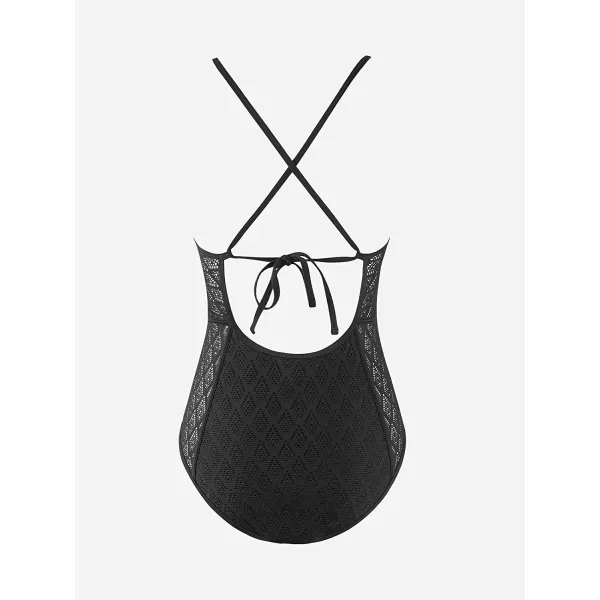 imageCUPSHE One Piece Swimsuit for Women Bathing Suits V Neck Lace Cutout Swimwear Crisscross Back SelfTieBlack