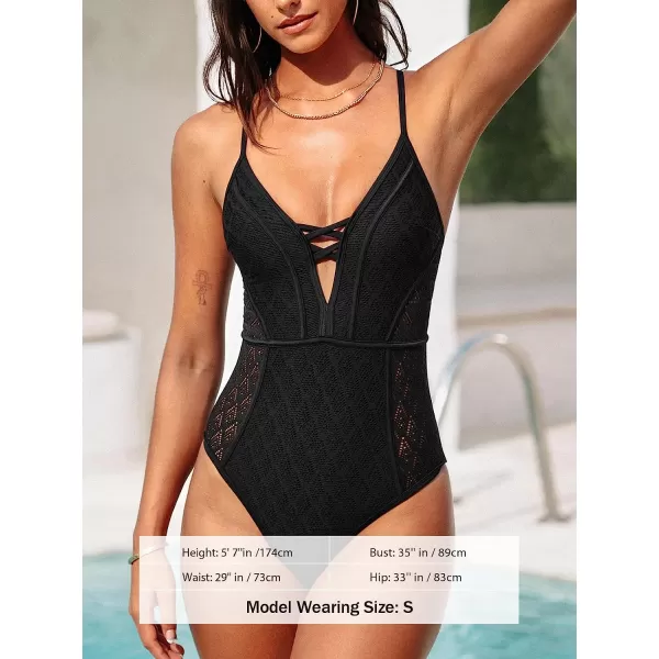 imageCUPSHE One Piece Swimsuit for Women Bathing Suits V Neck Lace Cutout Swimwear Crisscross Back SelfTieBlack