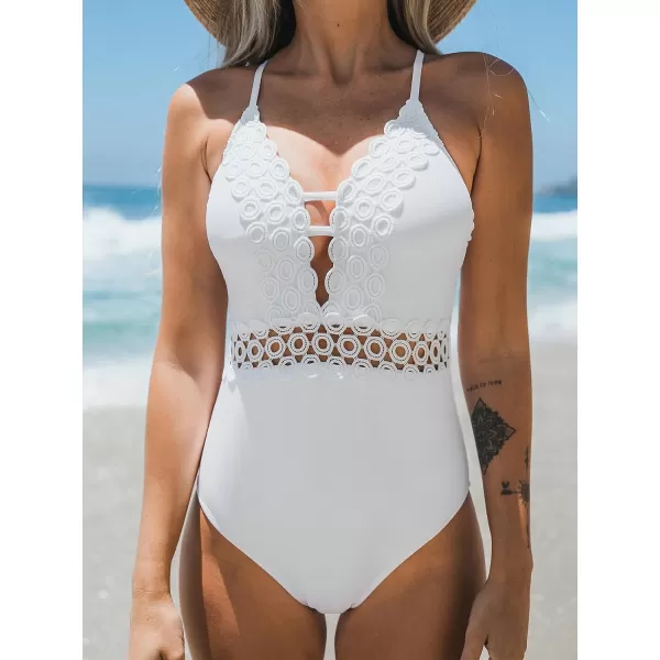 imageCUPSHE One Piece Swimsuit for Women Bathing Suits V Neck Lace Strappy Crisscross Ribbed SwimwearWhite