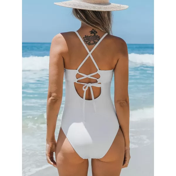 imageCUPSHE One Piece Swimsuit for Women Bathing Suits V Neck Lace Strappy Crisscross Ribbed SwimwearWhite