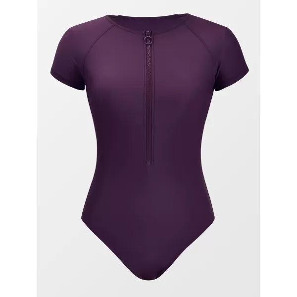 imageCUPSHE One Piece Swimsuit for Women Mock Neck Zipper Short Sleeve Bathing SuitGrape Purple