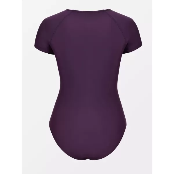 imageCUPSHE One Piece Swimsuit for Women Mock Neck Zipper Short Sleeve Bathing SuitGrape Purple