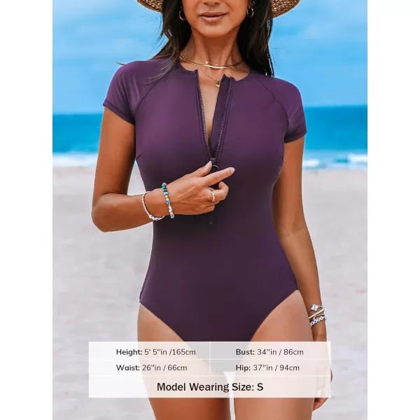 imageCUPSHE One Piece Swimsuit for Women Mock Neck Zipper Short Sleeve Bathing SuitGrape Purple