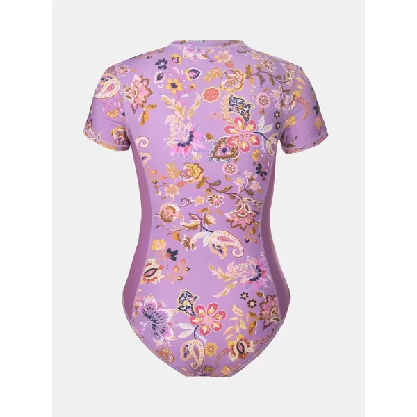 imageCUPSHE One Piece Swimsuit for Women Mock Neck Zipper Short Sleeve Bathing SuitLavender