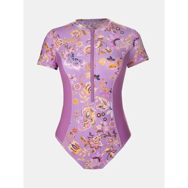 imageCUPSHE One Piece Swimsuit for Women Mock Neck Zipper Short Sleeve Bathing SuitLavender