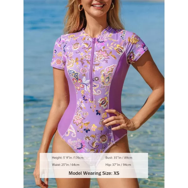 imageCUPSHE One Piece Swimsuit for Women Mock Neck Zipper Short Sleeve Bathing SuitLavender