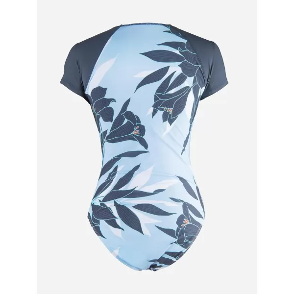 imageCUPSHE One Piece Swimsuit for Women Mock Neck Zipper Short Sleeve Bathing SuitLight Blue Tropical Print