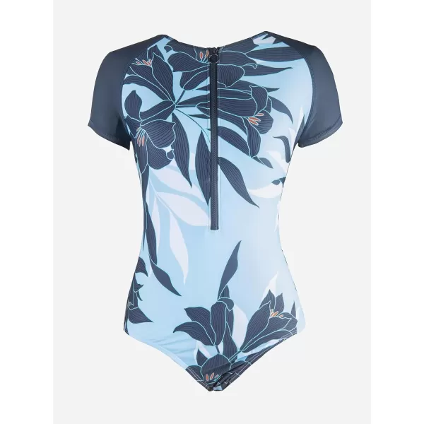 imageCUPSHE One Piece Swimsuit for Women Mock Neck Zipper Short Sleeve Bathing SuitLight Blue Tropical Print