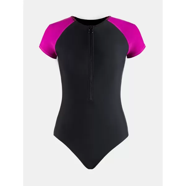 imageCUPSHE One Piece Swimsuit for Women Mock Neck Zipper Short Sleeve Bathing SuitMagenta Black