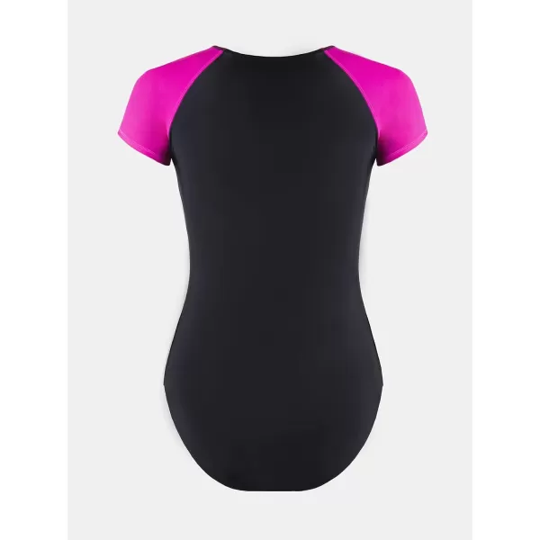 imageCUPSHE One Piece Swimsuit for Women Mock Neck Zipper Short Sleeve Bathing SuitMagenta Black