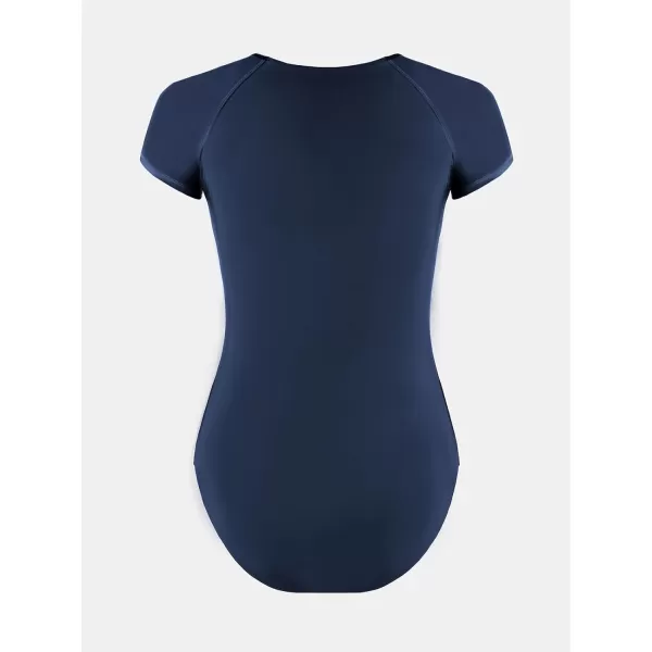 imageCUPSHE One Piece Swimsuit for Women Mock Neck Zipper Short Sleeve Bathing SuitNavy