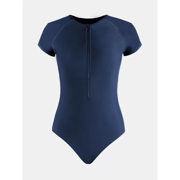 imageCUPSHE One Piece Swimsuit for Women Mock Neck Zipper Short Sleeve Bathing SuitNavy