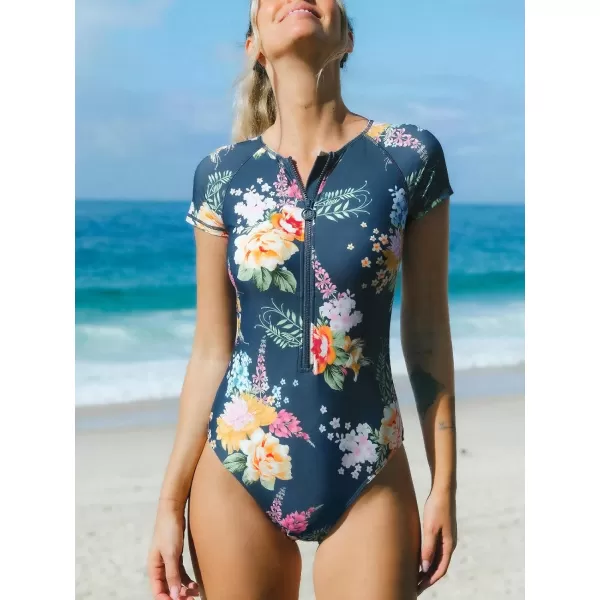 imageCUPSHE One Piece Swimsuit for Women Mock Neck Zipper Short Sleeve Bathing SuitNavy Blue Floral