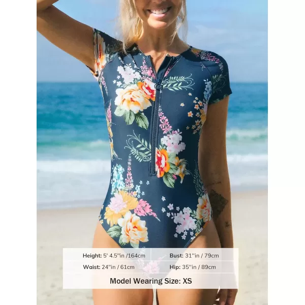 imageCUPSHE One Piece Swimsuit for Women Mock Neck Zipper Short Sleeve Bathing SuitNavy Blue Floral