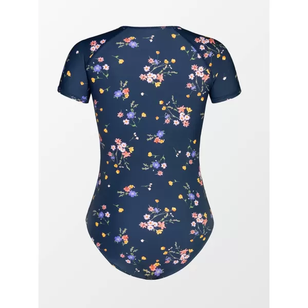 imageCUPSHE One Piece Swimsuit for Women Mock Neck Zipper Short Sleeve Bathing SuitNavy Floral