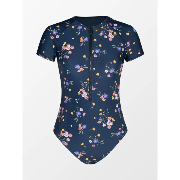 imageCUPSHE One Piece Swimsuit for Women Mock Neck Zipper Short Sleeve Bathing SuitNavy Floral