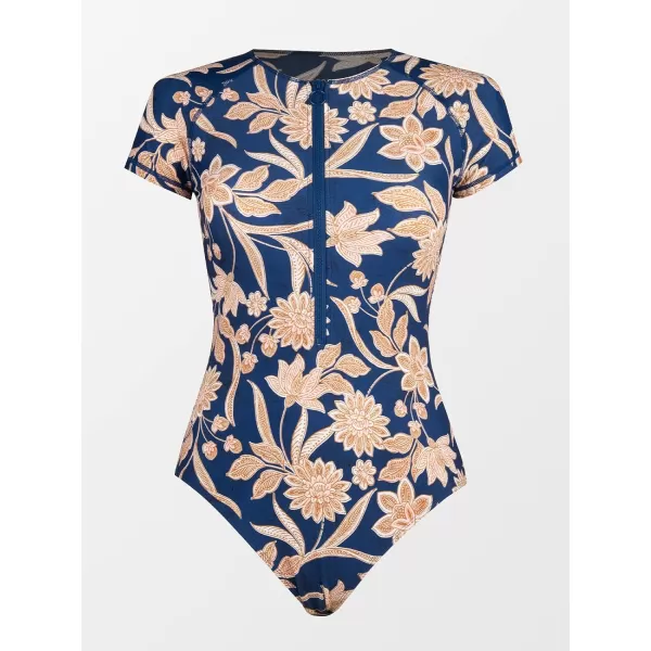imageCUPSHE One Piece Swimsuit for Women Mock Neck Zipper Short Sleeve Bathing SuitNavyGolden Floral