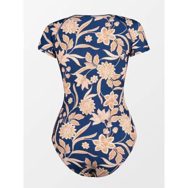 imageCUPSHE One Piece Swimsuit for Women Mock Neck Zipper Short Sleeve Bathing SuitNavyGolden Floral