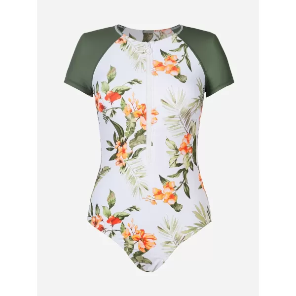 imageCUPSHE One Piece Swimsuit for Women Mock Neck Zipper Short Sleeve Bathing SuitOlive GreenTropical