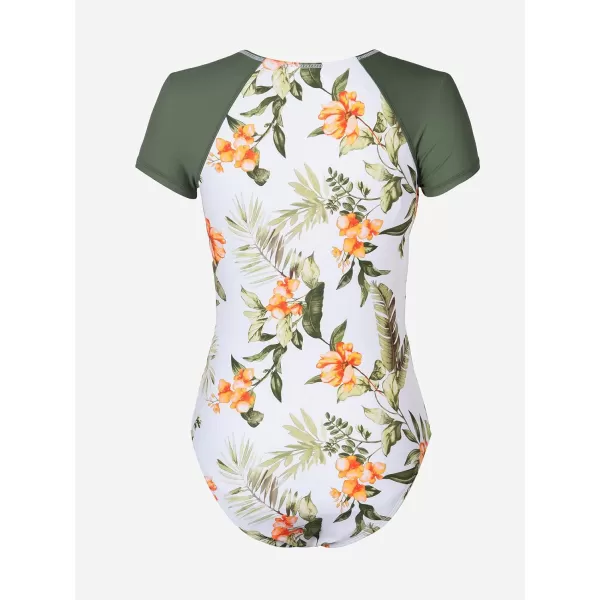imageCUPSHE One Piece Swimsuit for Women Mock Neck Zipper Short Sleeve Bathing SuitOlive GreenTropical