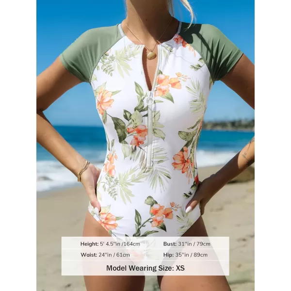 imageCUPSHE One Piece Swimsuit for Women Mock Neck Zipper Short Sleeve Bathing SuitOlive GreenTropical