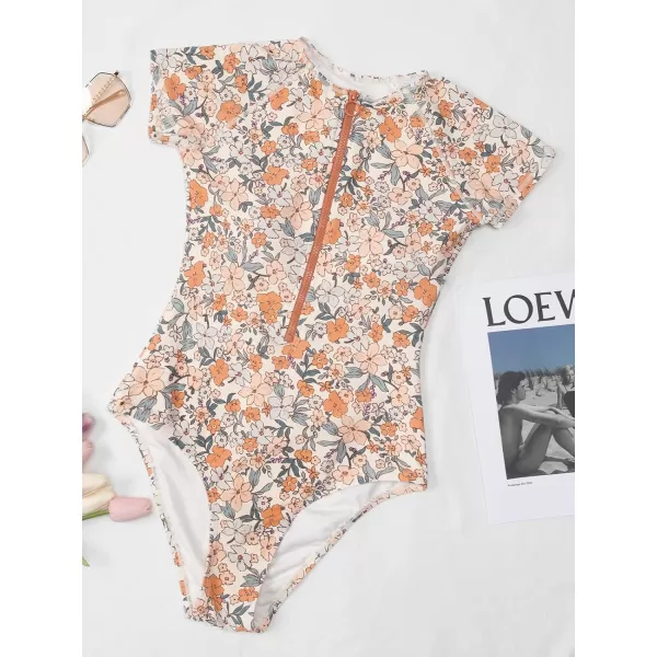 imageCUPSHE One Piece Swimsuit for Women Mock Neck Zipper Short Sleeve Bathing SuitOrange Floral