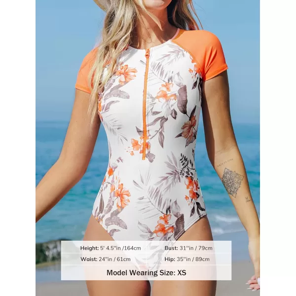 imageCUPSHE One Piece Swimsuit for Women Mock Neck Zipper Short Sleeve Bathing SuitOrange Tropical