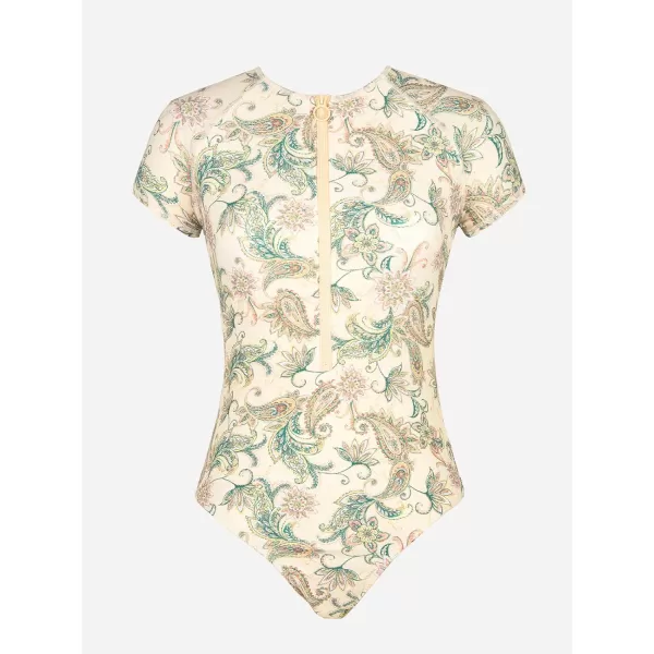 imageCUPSHE One Piece Swimsuit for Women Mock Neck Zipper Short Sleeve Bathing SuitPaisley Print