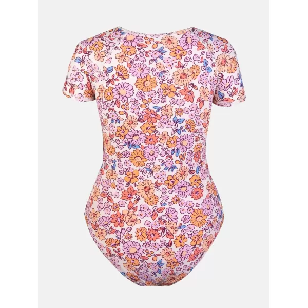 imageCUPSHE One Piece Swimsuit for Women Mock Neck Zipper Short Sleeve Bathing SuitPink Floral