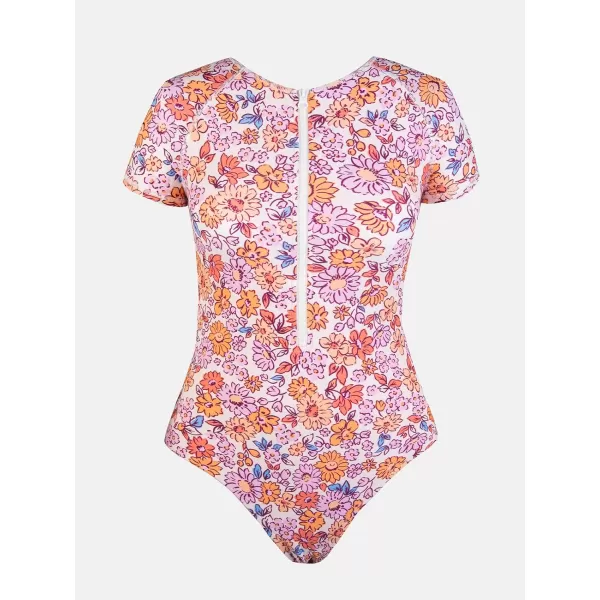imageCUPSHE One Piece Swimsuit for Women Mock Neck Zipper Short Sleeve Bathing SuitPink Floral