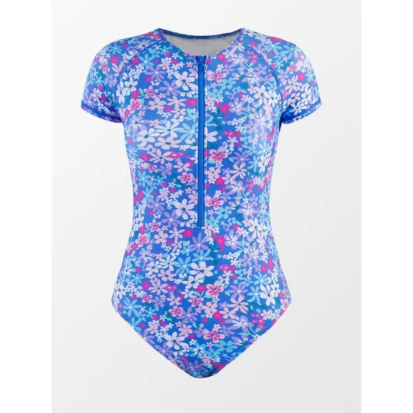 imageCUPSHE One Piece Swimsuit for Women Mock Neck Zipper Short Sleeve Bathing SuitPurple Blue Floral