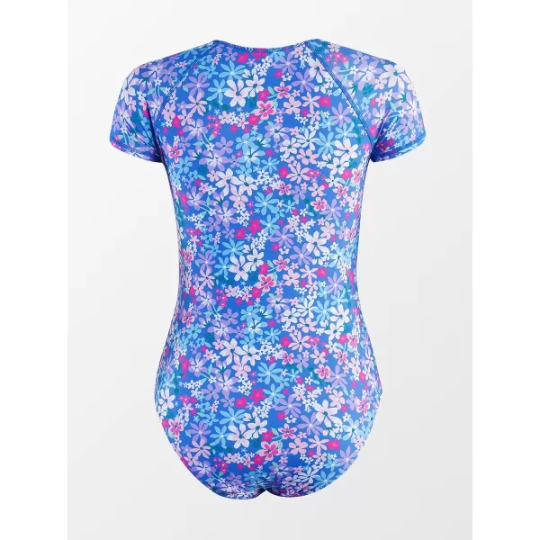imageCUPSHE One Piece Swimsuit for Women Mock Neck Zipper Short Sleeve Bathing SuitPurple Blue Floral