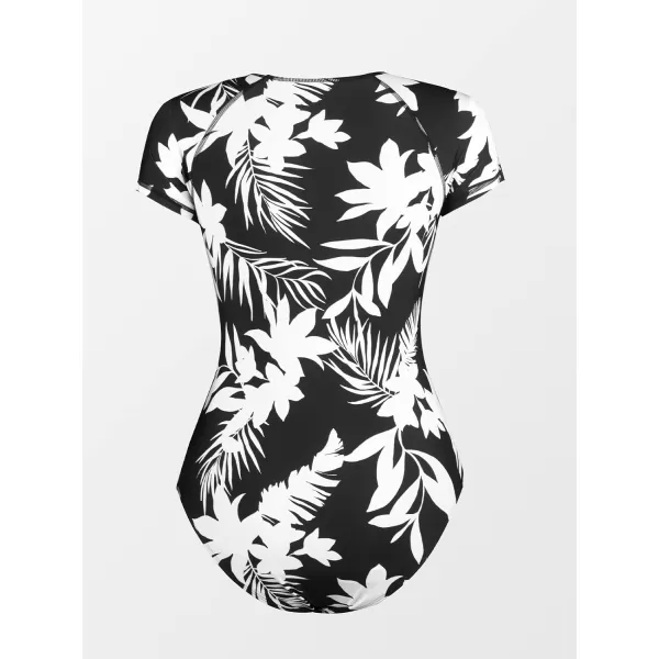 imageCUPSHE One Piece Swimsuit for Women Mock Neck Zipper Short Sleeve Bathing SuitWhite Tropical Print